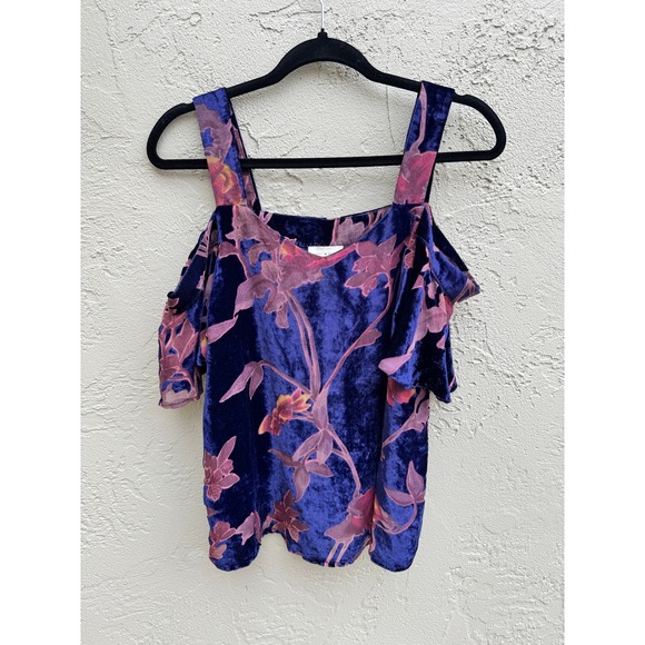 Floral Velvet Velour Rich Color Cold Shoulder Top Blouse Party Elegant - Picture 3 of 8